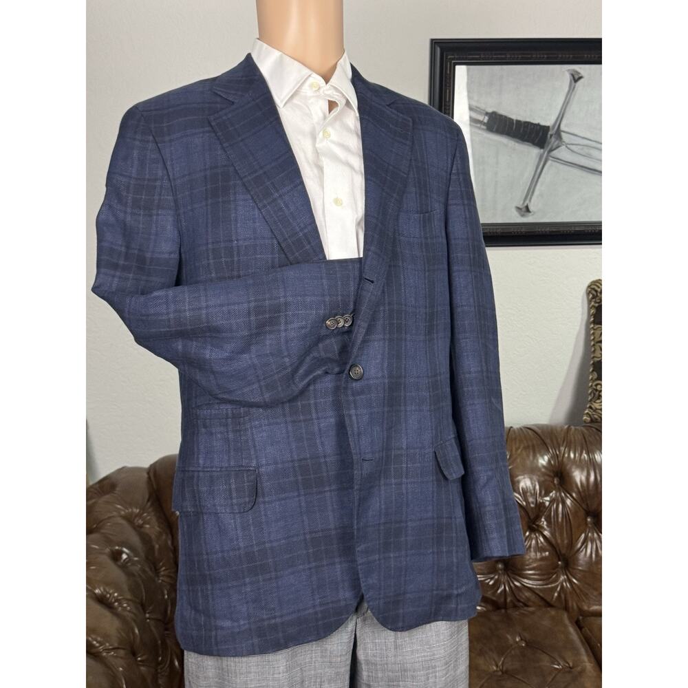 Brunello Cucinelli Navy Blue Plaid Sportcoat Blazer Wool Linen Silk 54IT/ 42 US